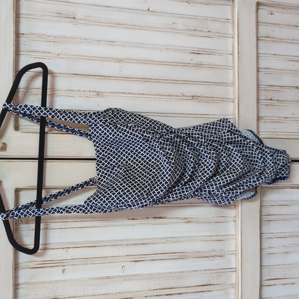 L.L. Bean, Navy blue and white geometric print one-piece swimsuit. 12